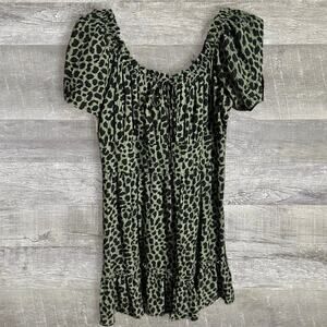 Francescas Mi Ami Green Leopard Print Flounce Mini Dress M Peasant Top Ruffle